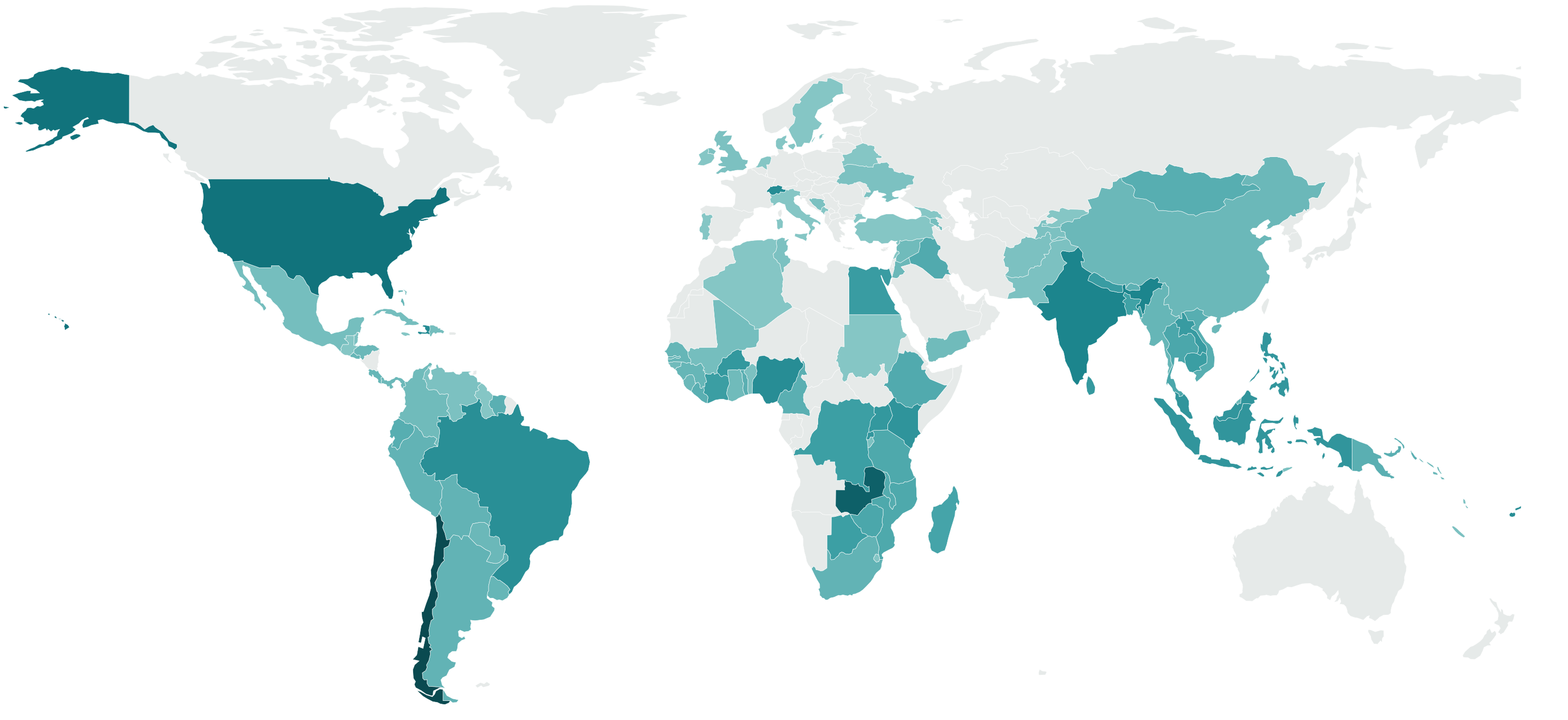 World map showing DH:PNS graduates across 115 countries, shaded by volume